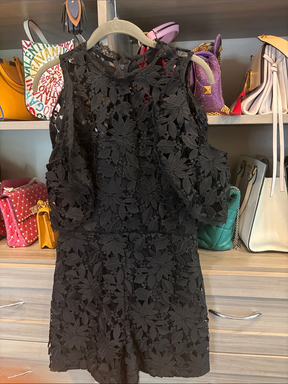 Alice + Olivia Black Floral Lace Mini Playsuit